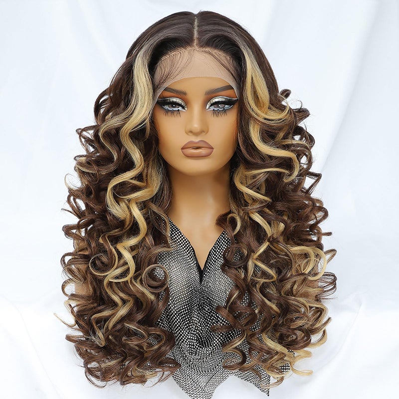 Felek Honey Blonde Wig Long Synthetic Loose Wave Lace Front Wigs for Black and White Women Ombre Brown 13x6 HD Transparent Lace Frontal Wigs Pre Plucked Wear and Go Glueless Curly Wig 24 inch P427
